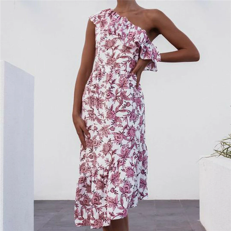 Женское платье с цветочным принтом Boho розовое шифоновое средней длины на одно