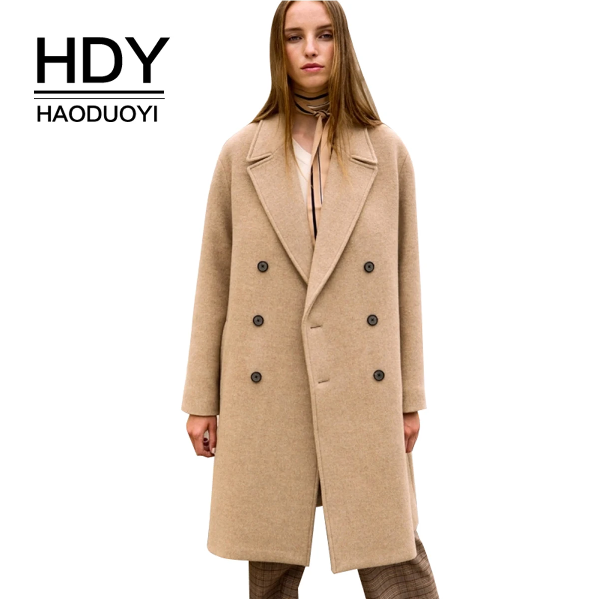 Длинное двубортное пальто HDY haoduoyi простой темперамент | Женская одежда