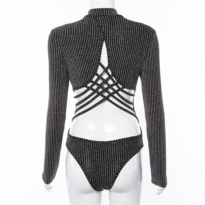 

Sexy Backless Bodysuits Womens Long Sleeve Zipper Playsuit Cross Strap Design Hollow Out Slim Jumpsuit Overalls Femme Rompers