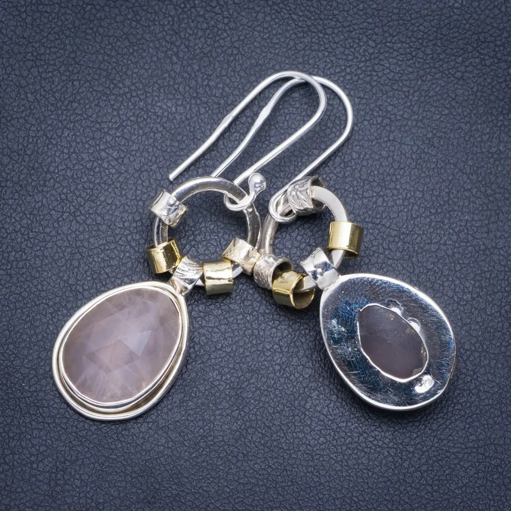 

Natural Rose Quartz Handmade Unique 925 Sterling Silver Earrings 1.75" A0810