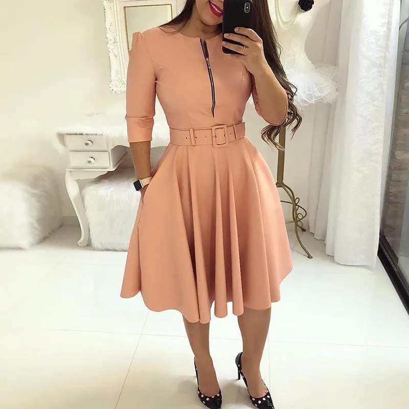 Jrnnorv Fashion Women Solid Color Half Sleeve Ruffle Party Dress Summer Elegant Casual Zipper Dresses With Belt | Женская одежда