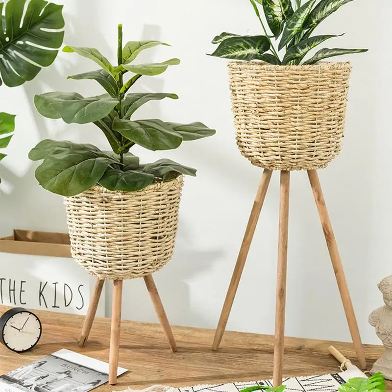 

2019 New Handmade Bamboo Storage Baskets Laundry Straw Patchwork Wicker Rattan Seagrass Belly Garden Flower Pot Planter Basket