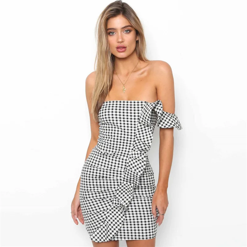 

2019 Uguest Women Dress Ruffles Slash Neck Short Sleeve Strapless Mermaid Plaid Above Knee Length Dress Summer Sexy Vestido