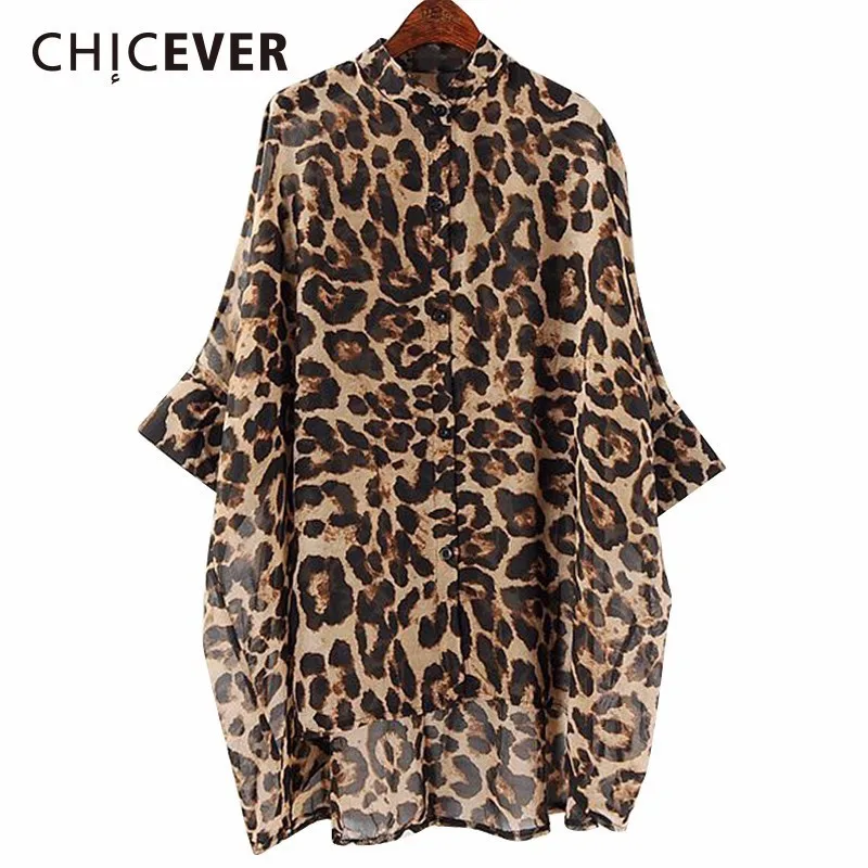 CHICEVER Leopard модные женские блузки для малышек 2018 Стенд воротник половина рукав