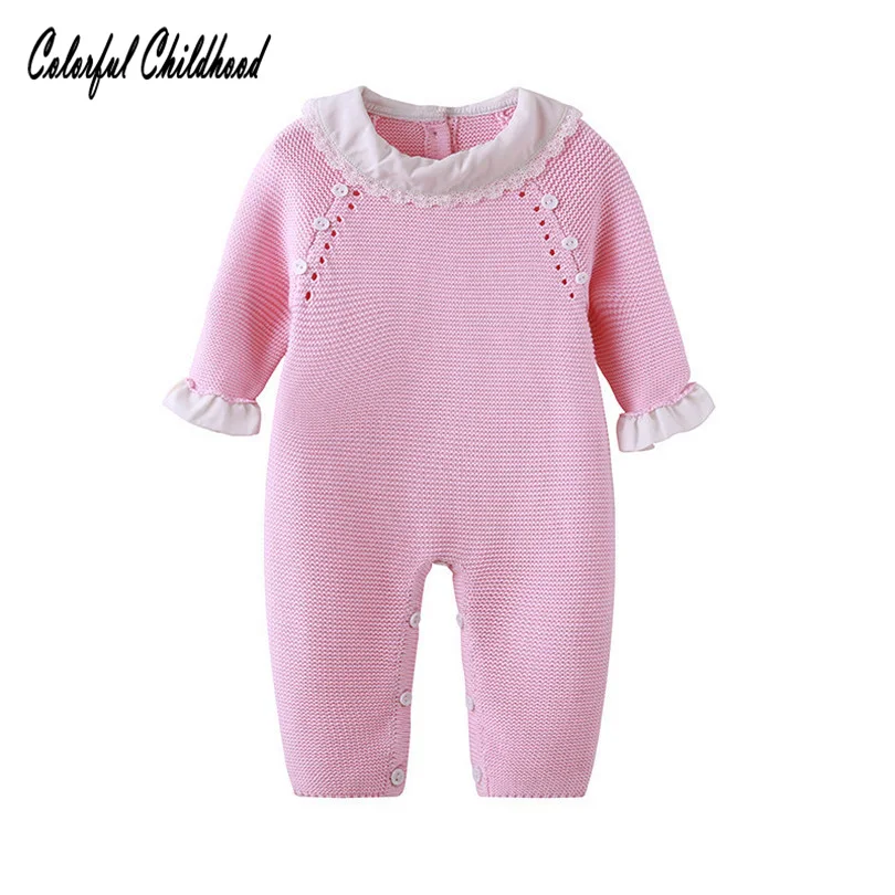 

0-24M Baby knitted-cotton romper stripes peter pan collar ruffles long sleeve winter jumpsuit Infant/toddler/Newborn warm onesie