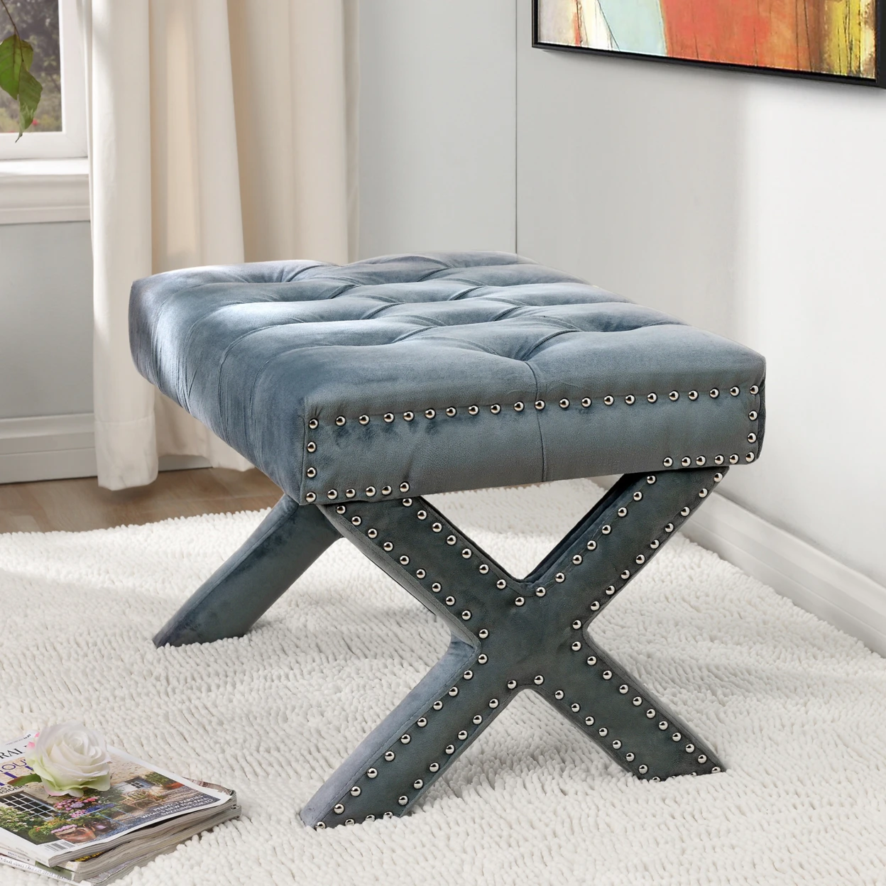Emma Velvet Button Tufted Ottoman-X-Legs | Серебряная отделка Nailhead современный и функциональный