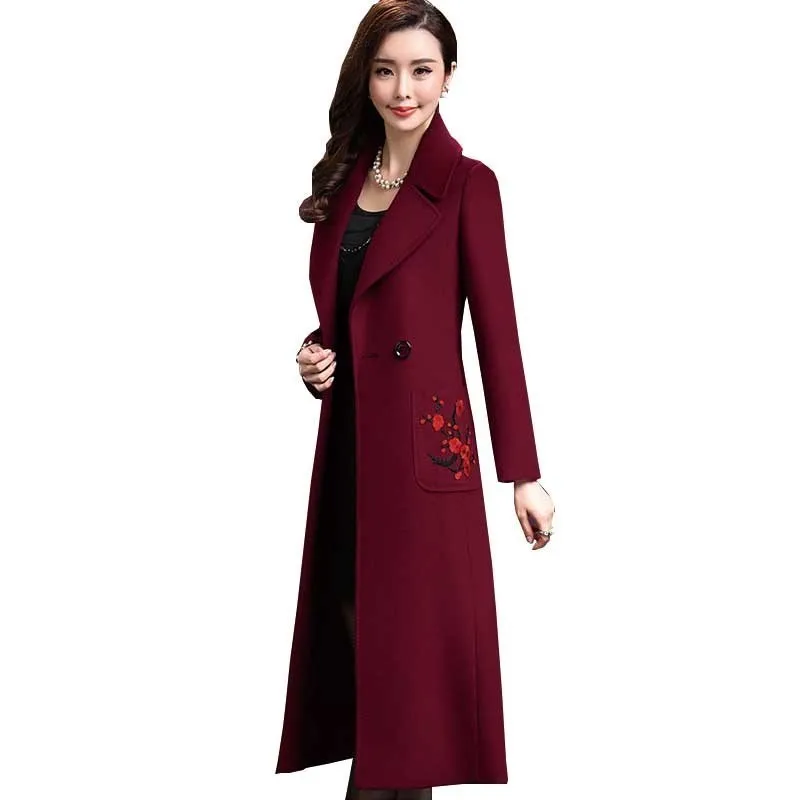 Elegant Wine Red Winter Woolen Coat Women New High-quality Fashion Embroidery Windbreaker Long Female Wool Jacket Overcoat Ls076