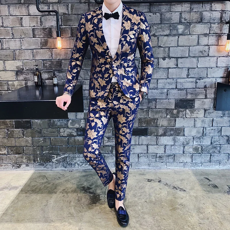 2018 Slim Fit смокинг Для мужчин s Синий Цветочный принт костюм Нарядные Костюмы для