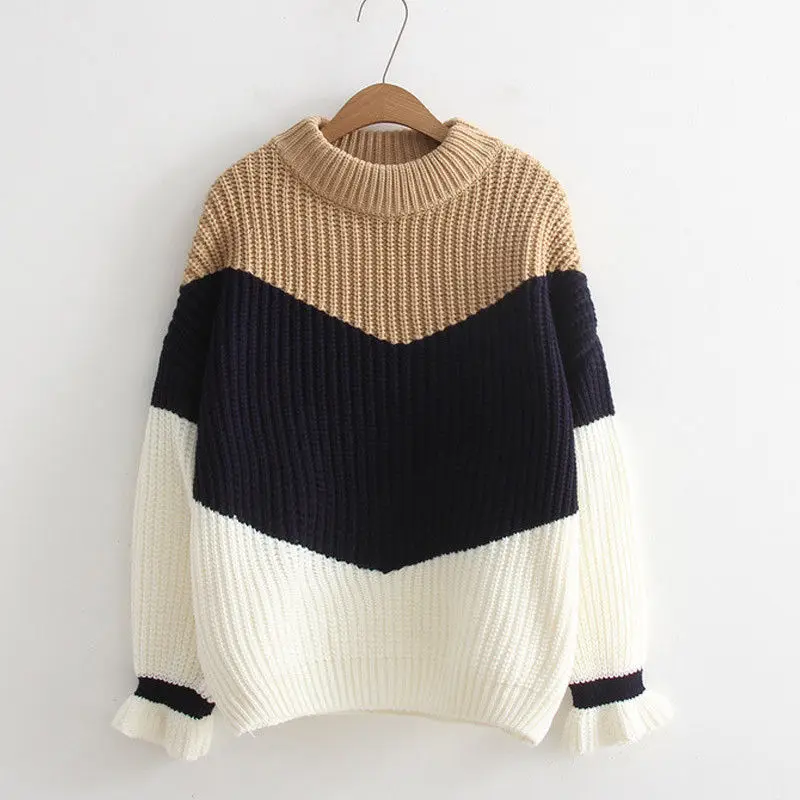 

2018 Women Casual Knitted Oversized Sweater Jumper Ladies Winter Warm Patchwork Long Sleeve Crew Neck Pullover Tops