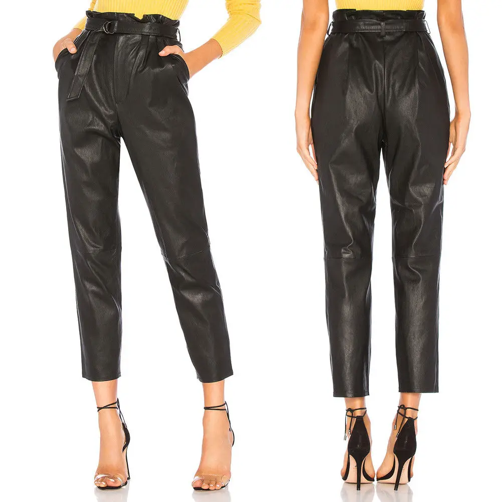 

Sexy Women High Waist PU Leather Pants Ladies Trousers Leggings Office Lady Pants Women Ankle-length Pencil Trousers With Sashes