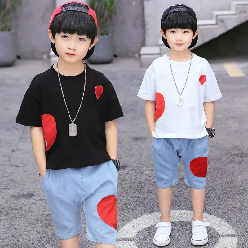children casual patch 2 pcs set age for 3 - 12 yrs baby boys summer clothes t-shirt+short-pants simple school outfits 2019 | Детская
