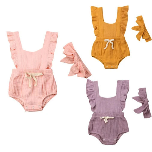 

2019 Backless Bandage Bodysuit Newborn Cotton Ruffle Jumpsuit+ Headband 2Pcs Sunsuit Outfits Bow Knot Baby Girls Solid Bodysuits
