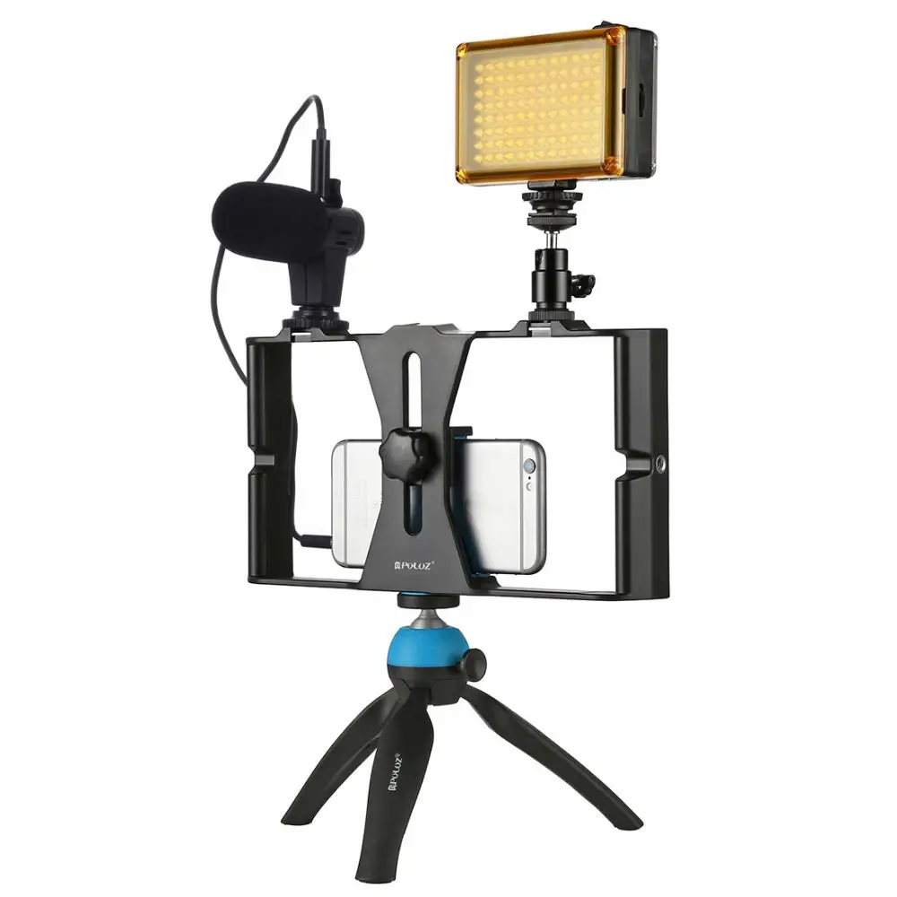 PULUZ Smartphone Video Rig + LED Studio Light Microphone Mini Tripod Mount Kits with Cold Shoe Head for iPhon |