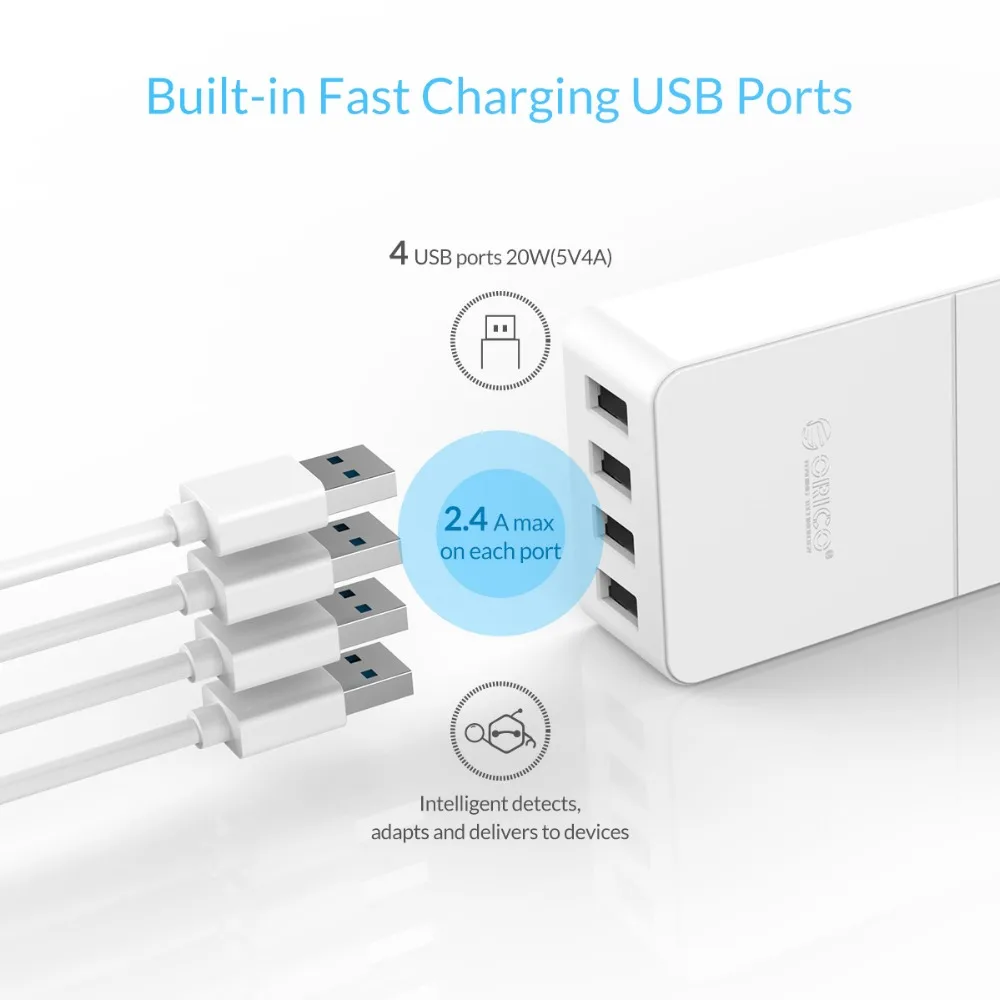 ORICO оригинальный белый 3 розетки 4 порта USB розетка с защитой от короткого