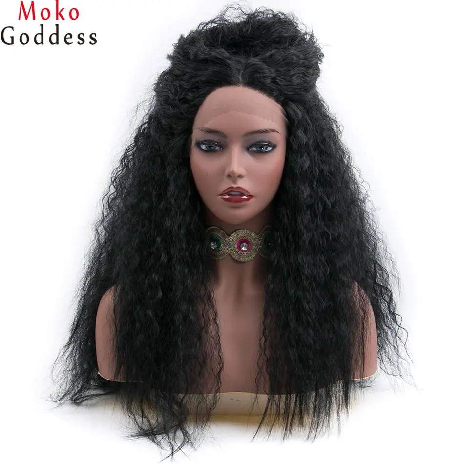 Mokogoddess 24 дюйма длинные афро кудрявые прямые черные парик из синтетического