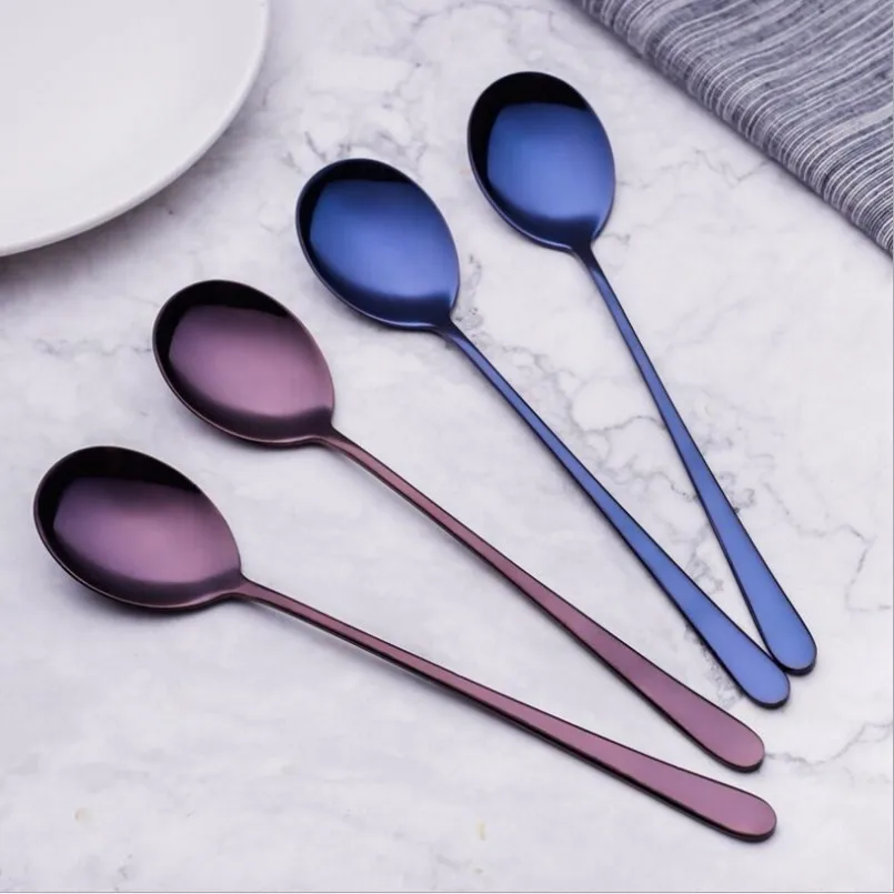 New Soup Spoons 2PCS 304 Stainless Steel Colored Long Handle Kitchen Spoon Household Stirring Tea Tableware For Dinner | Дом и сад