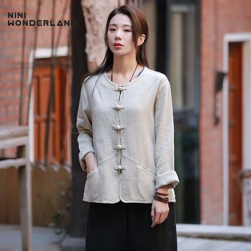 NINI WONDERLAND 2019 Весенняя хлопковая льняная рубашка женская блуза с длинным рукавом