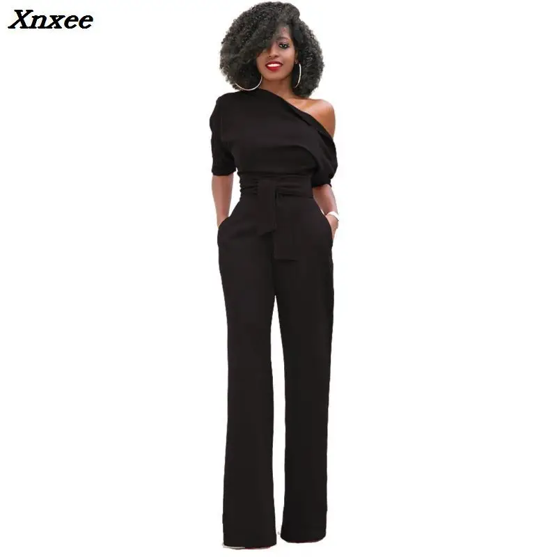 

2018 New Fashion Summer Women Plus Size Elegant Office Ladies Jumpsuits Solid One Shoulder Tied Waist Flared Casual Jumpsuit