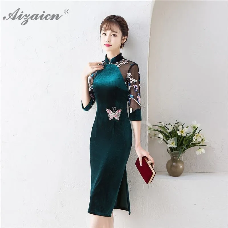 Женское бархатное платье Cheongsam темно-зеленое длинное с вышивкой традиционная