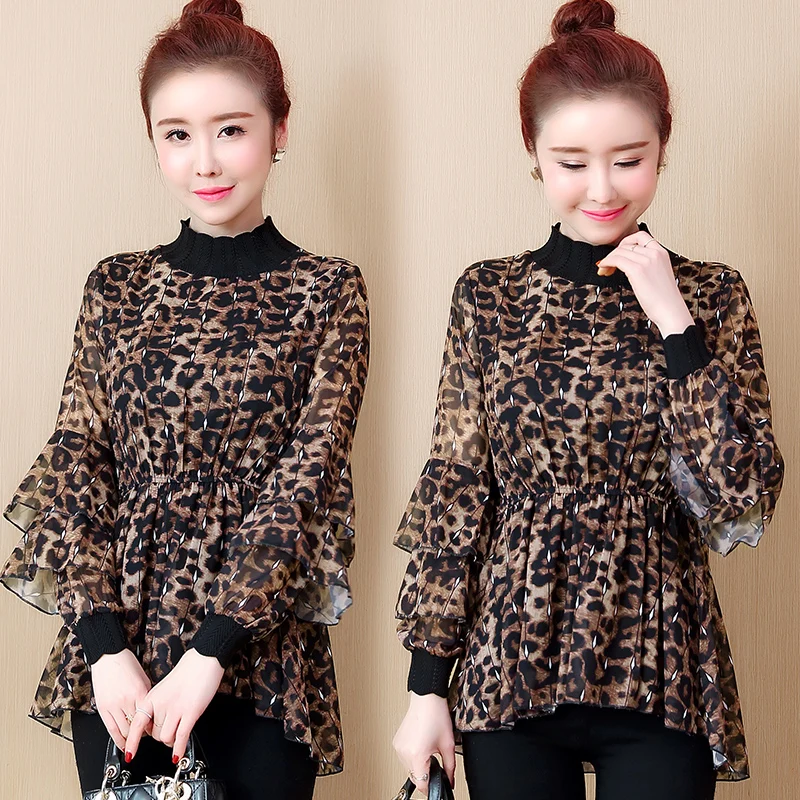 

Spring fashion sexy lady leopard print chiffon shirt 2019 korea style butterfly sleeve stand collar loose plus size blouse