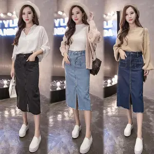 Женская Джинсовая Юбка-миди с карманами, прямая трапециевидная юбка с разрезом и высокой талией, до середины икры, весна-лето 2020