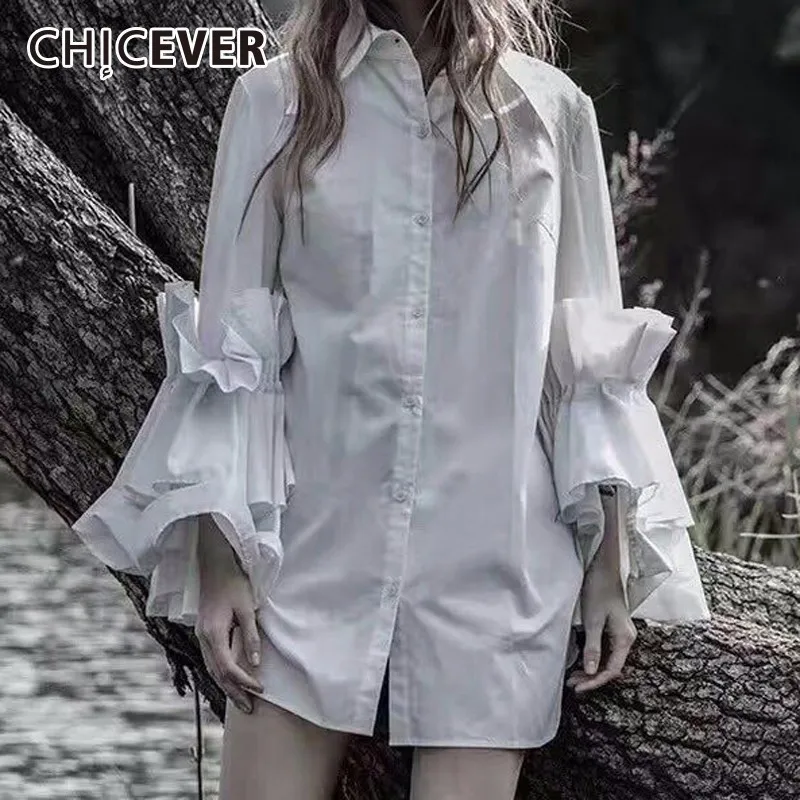 Женская рубашка CHICEVER черная Свободная с рукавом фонариком и плиссированными