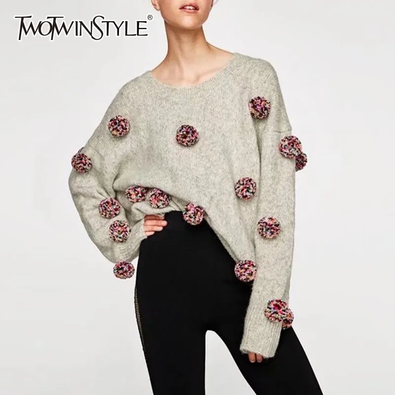 TWOTWINSTYLE Knitted Patchwork Ball Sweater For Women O Neck Long Sleeve Oversized Sweaters Female Autumn Fashion New Tide | Женская