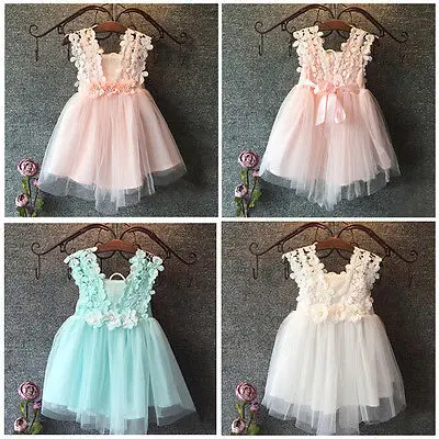 2019 Brand Baby Girls Dress Princess Party Lace Tulle Flower Gown Fancy Dridesmaid Mesh 3Colors Pink&ampBlue&ampWhite Kid | Детская