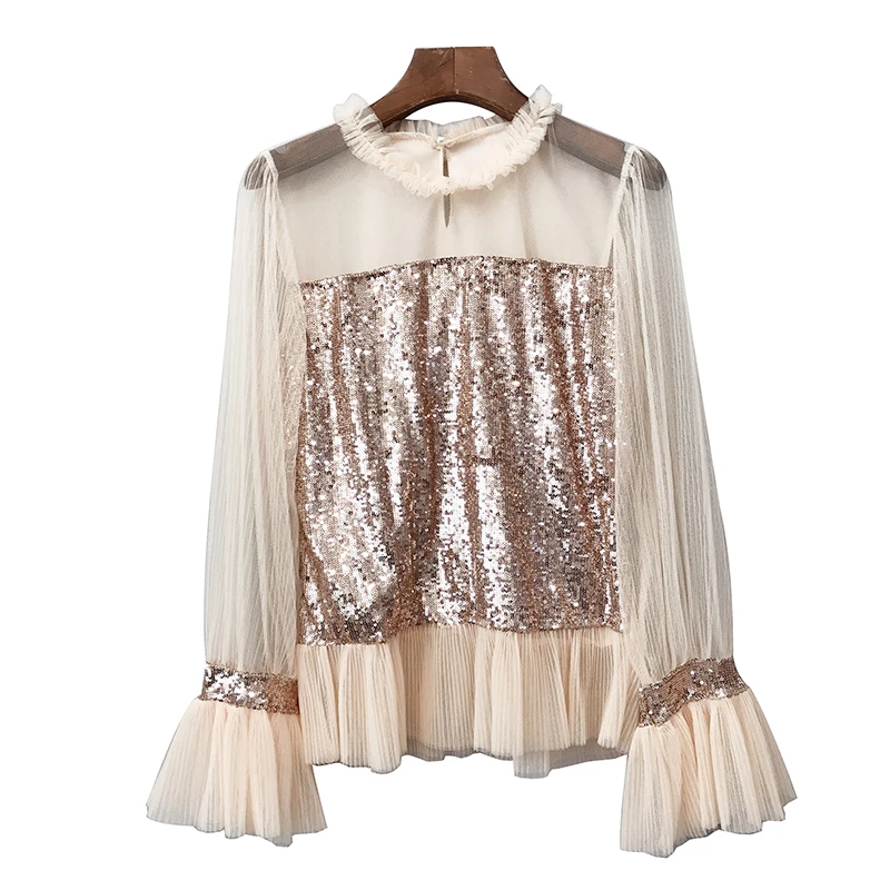 2019 Женская модная сетчатая блузка с пайетками рубашка перспективная Сексуальная