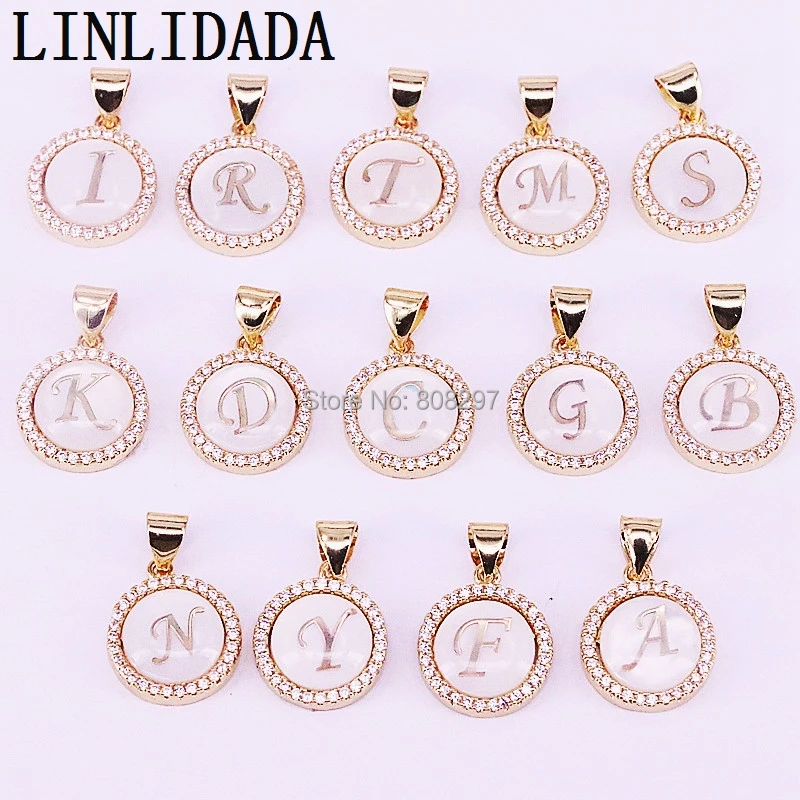 

15Pcs Gold/Silver Color White Shell CZ Cubic Zirconia Initials A-Z 26 Letter Pendant Charms For Women Men Jewelry Making