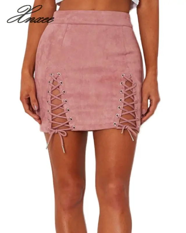 

Anself Sexy Women Lace Up Pencil Skirt Elegant Hollow Out Short Skirt Summer Casual Split Black Bodycon Skirt Womens Plus Size