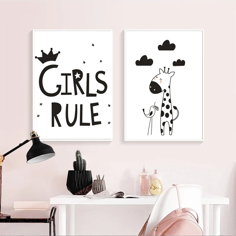 Черно-белая Картина на холсте с изображением жирафа для девочек минималистичные