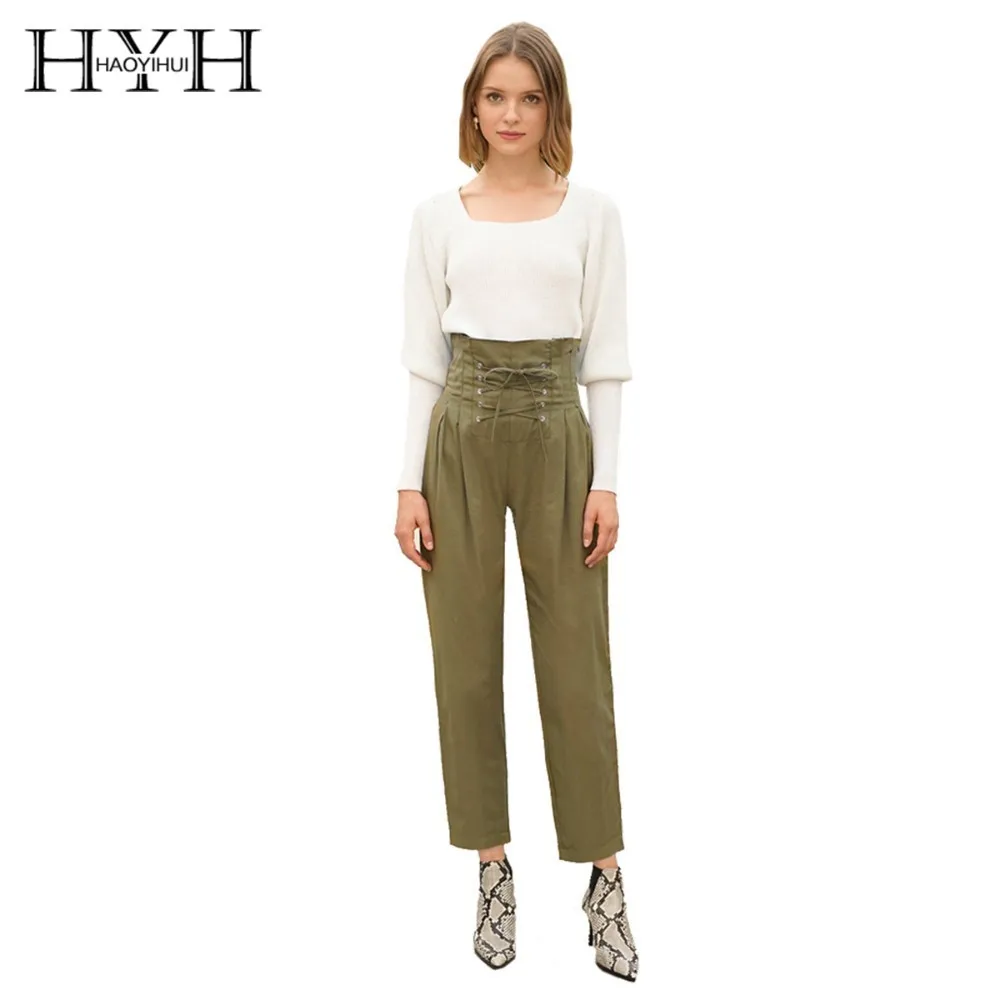 HYH Haoyihui Sweet Girls Pure Color Sweater Retro Square Neck Loose Cuffs Tighten Slim Knit Clear White Brown Women Tops | Женская