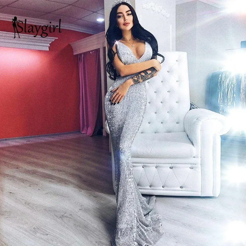 Женское длинное платье с блестками Slaygirl элегантное Клубное v-образным вырезом и