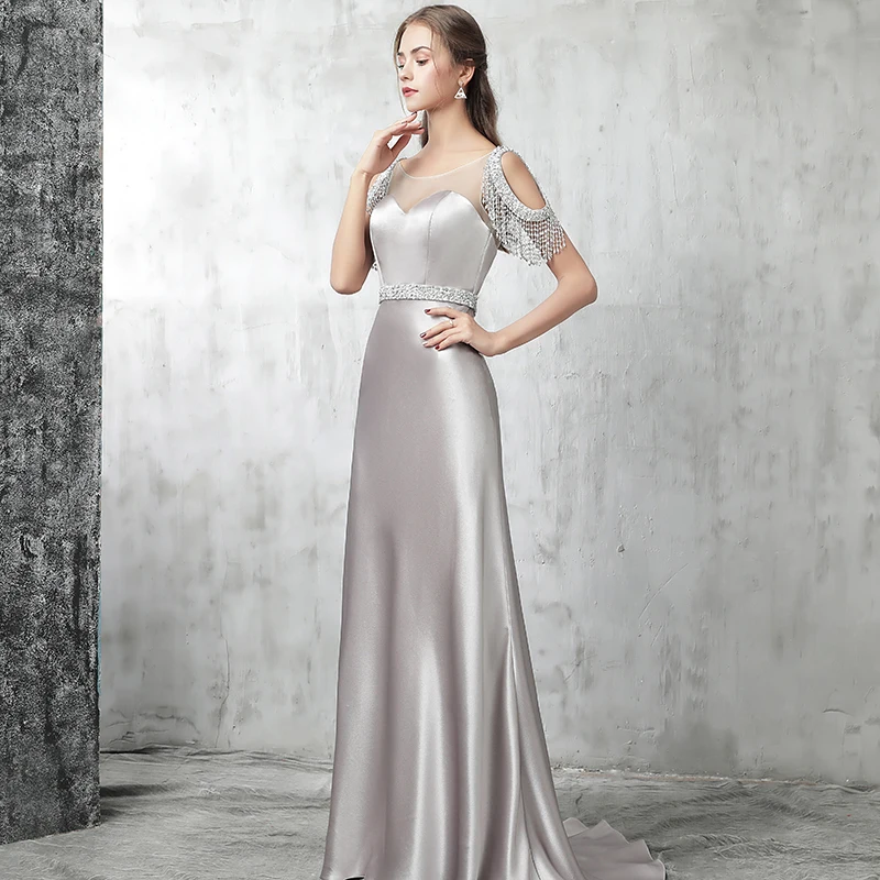 Женское вечернее платье Vivian's Bridal серебристое длинное с блестками и кисточками