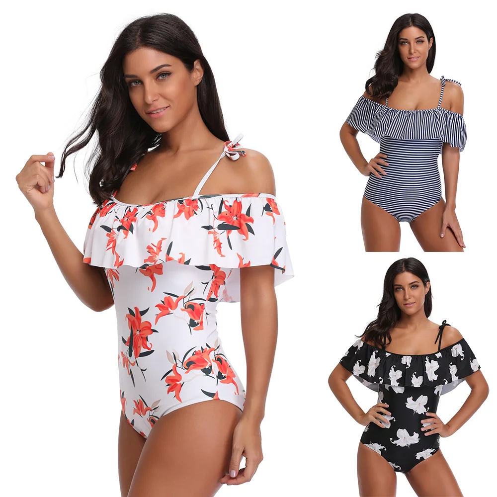 Женский купальник трико на тонких бретельках с большими оборками|Боди| |