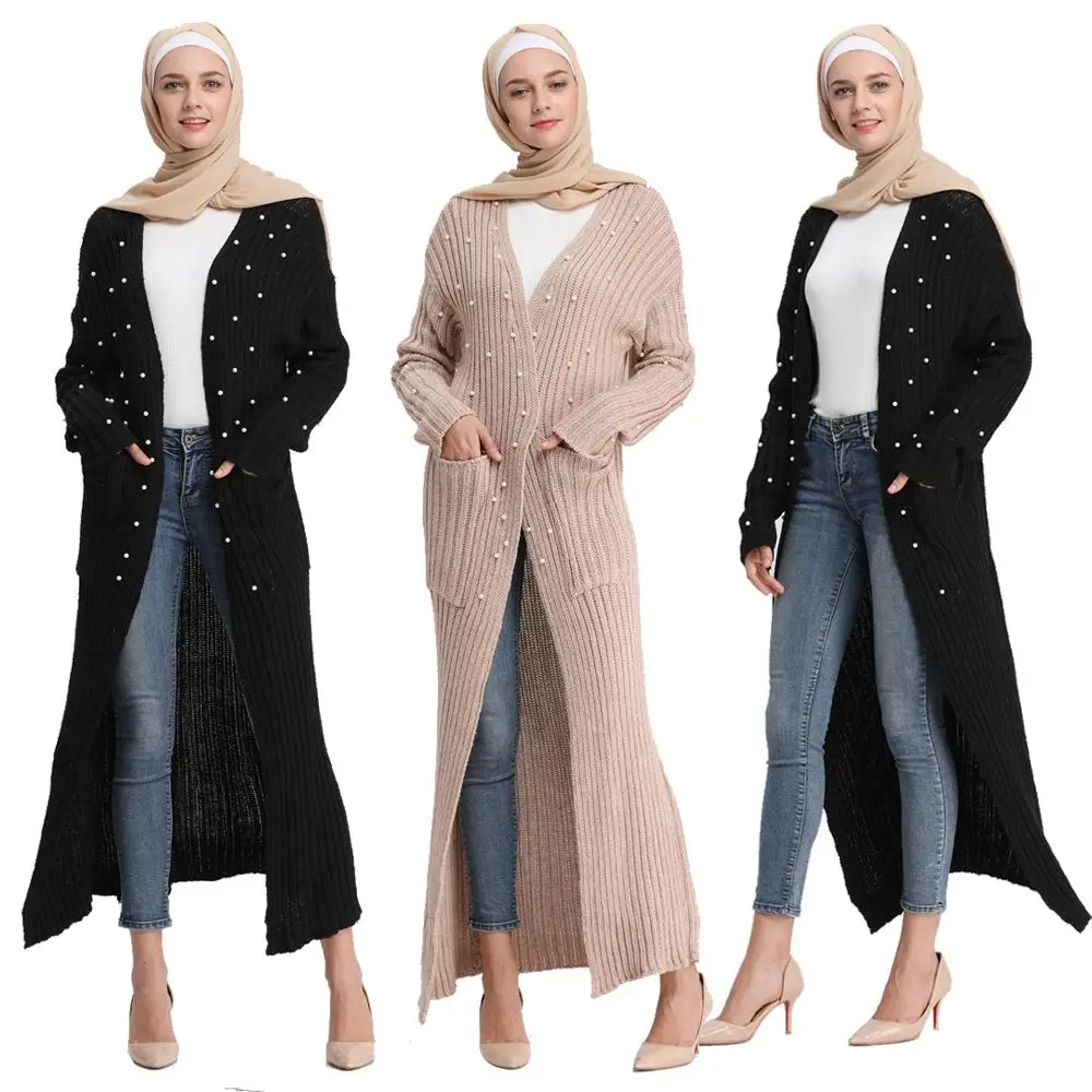Женское зимнее теплое вязаное длинное платье-кардиган, мусульманское кимоно Абая, мусульманский свитер с карманами, утепленный свитер, дже...