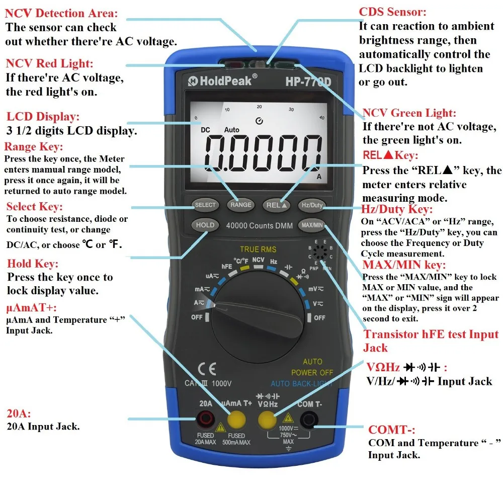 HoldPeak Цифровой мультиметр HP 770D Авто Диапазон True RMS 40000 отсчетов NCV AC DC Напряжение