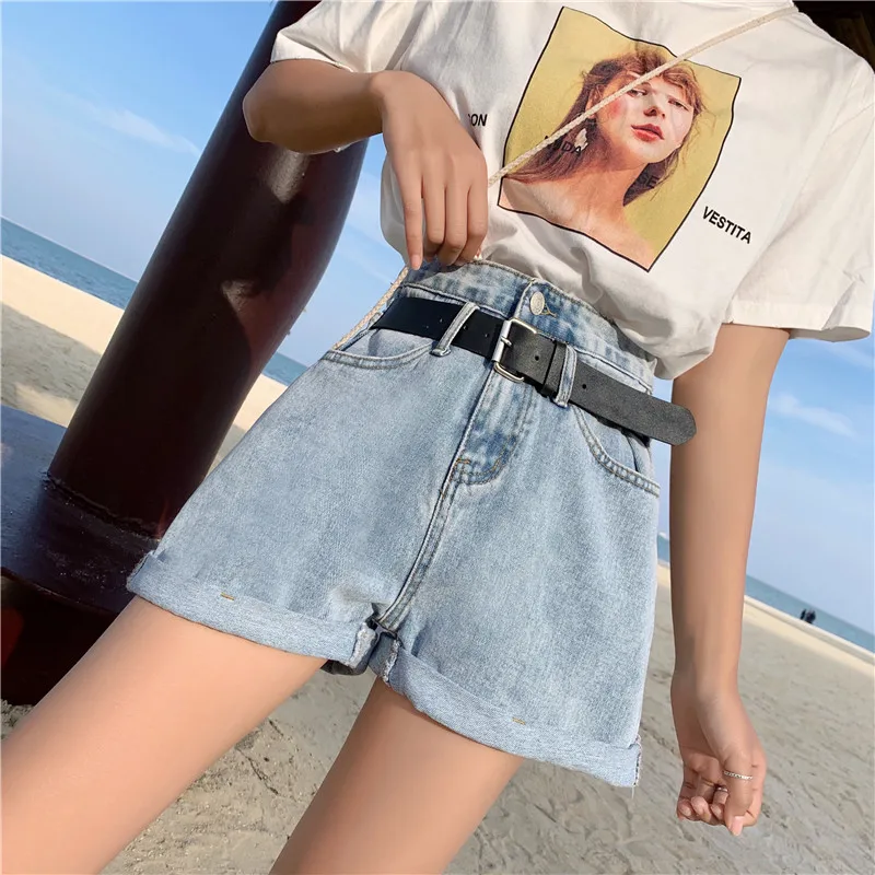 Джинсовые шорты с высокой талией женские летние новые синие брюки ремнем уличные