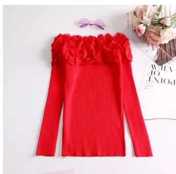 womens jumpers spring autumn korean fashion cute sweater long sleeve top ruffles off shoulder knitted pull femme | Женская одежда