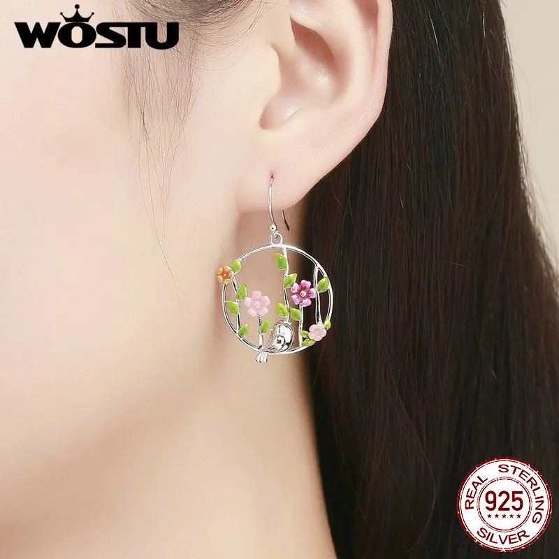 WOSTU Настоящее серебро 925 пробы Весенняя коллекция птиц и цветов Висячие серьги для женщин романтические S925 ювелирные изделия подарок CQE480