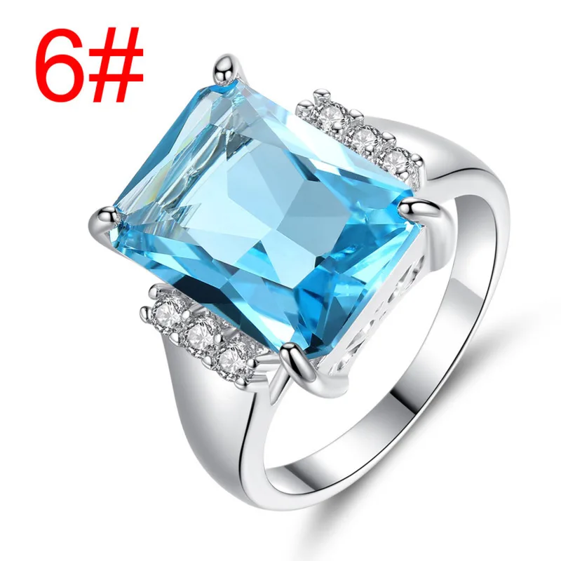 Fashion Desgin Woman Rings Big Square Blue CZ Cubic Zircon Stone Silver Birthday Party Wedding Gift Jewelry Yüzük | Украшения и