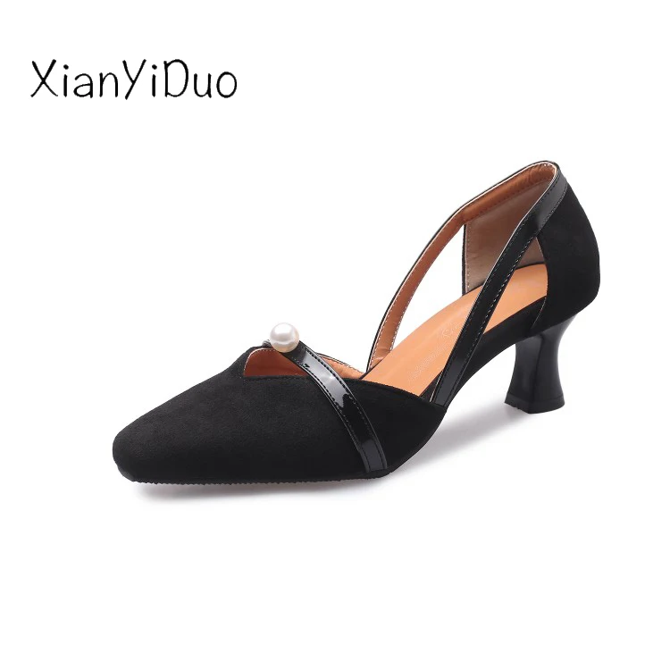 Xianyiduo/Новинка лета 2019 женские босоножки из флока на высоком каблуке с жемчужным