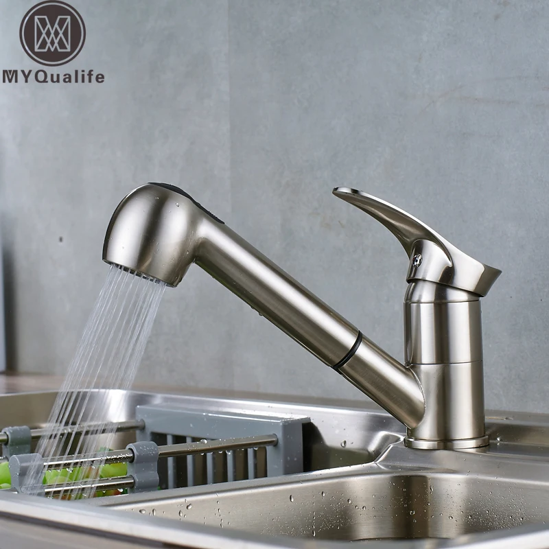 

Pull Out Kitchen Sink Faucet Single Lever Kitchen Mixer Tap Brushed Nickel Sprayer Steam Spout Hot Cold Water Faucet for Kitchen