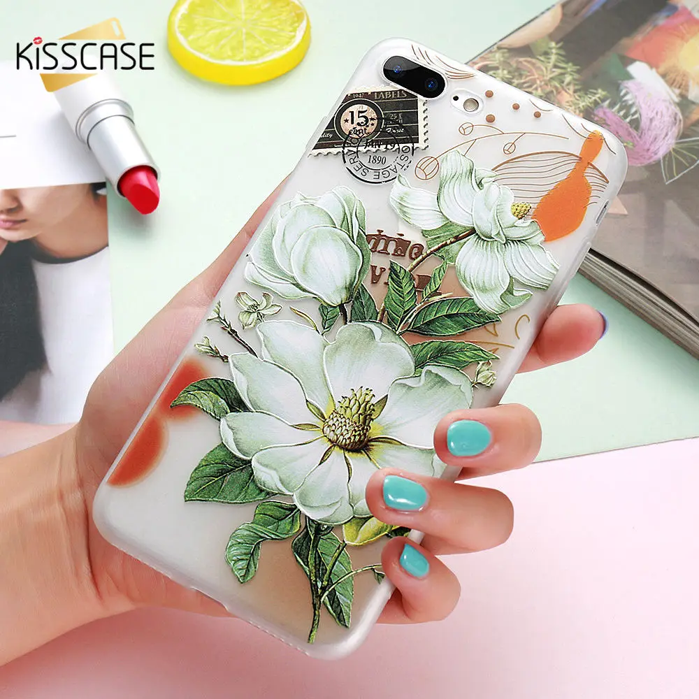 KISSCASE 3D Relief Flower Case For iPhone 7 8 Plus XS Max XR Soft Floral Cases X 6 6S 5 5S SE TPU Cover |
