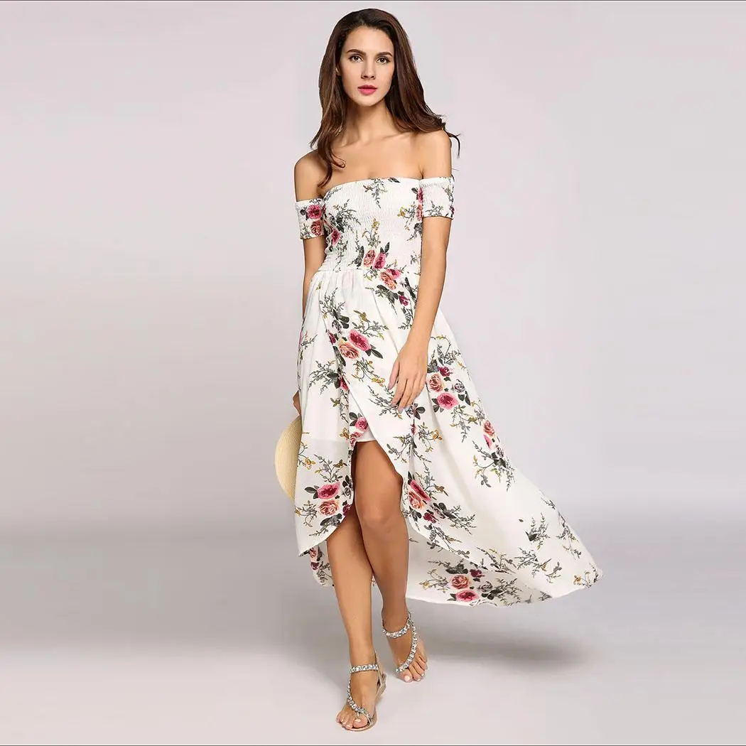 Короткий рукав с открытыми плечами Boho стили печати Асимметричный разделение
