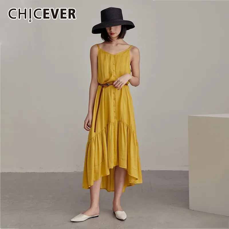 Женское платье без рукавов CHICEVER желтое Повседневное на тонких бретельках с
