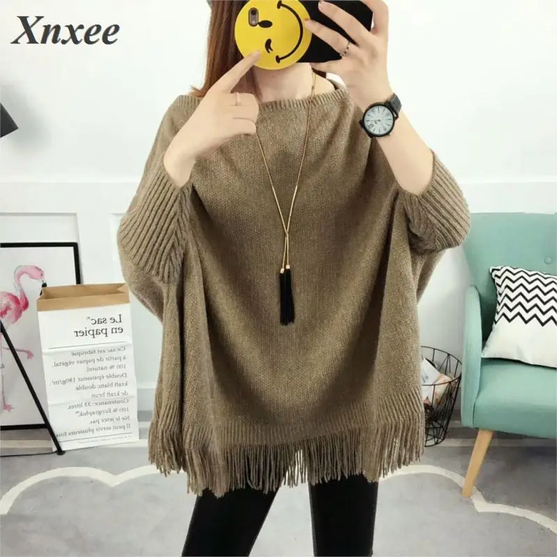 2020 Women Pullovers And Sweaters Loose Tassel Soft Shawl Poncho Slash Neck Bat Long Sleeve Pullover Sweater | Женская одежда