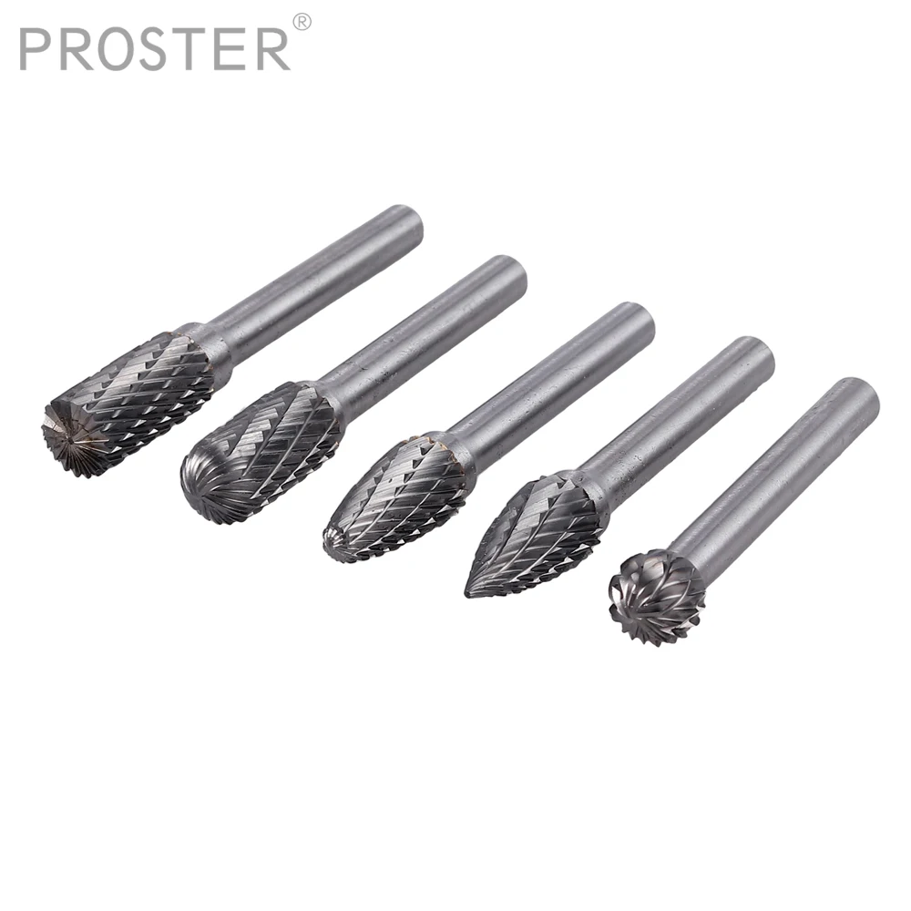 PROSTER 5pcs 1/4'' Tungsten Carbide Rotary Point Burr Die Grinder Shank Set Cutter File Tungsten Bit Rotary CNC Engraving TooL