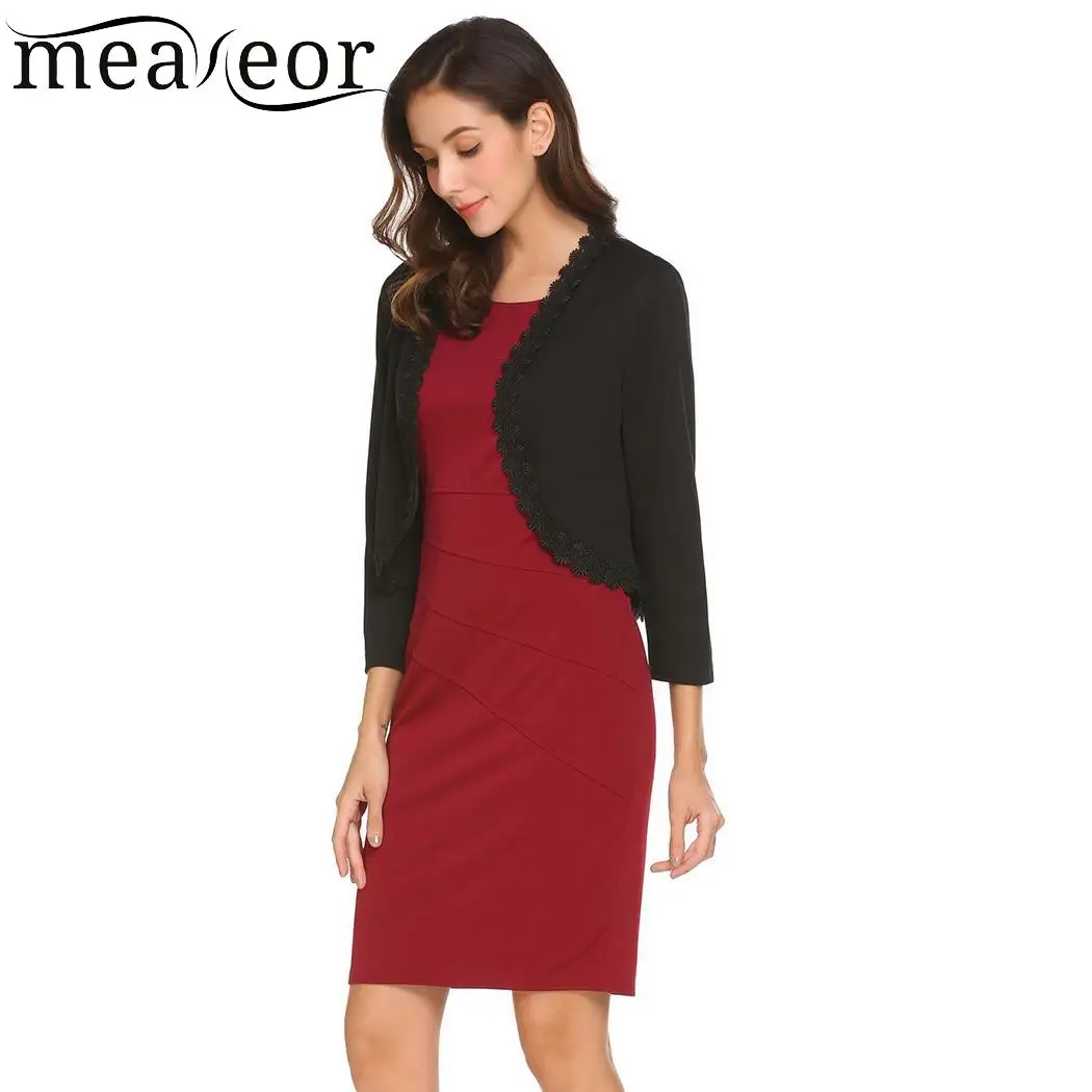 Meaneor Vinatge 3/4 Sleeve Women Shrug Sexy Front Open Casual Outerwear Hem Cardigan Coats Patchwork Asymmetrical Crochet |